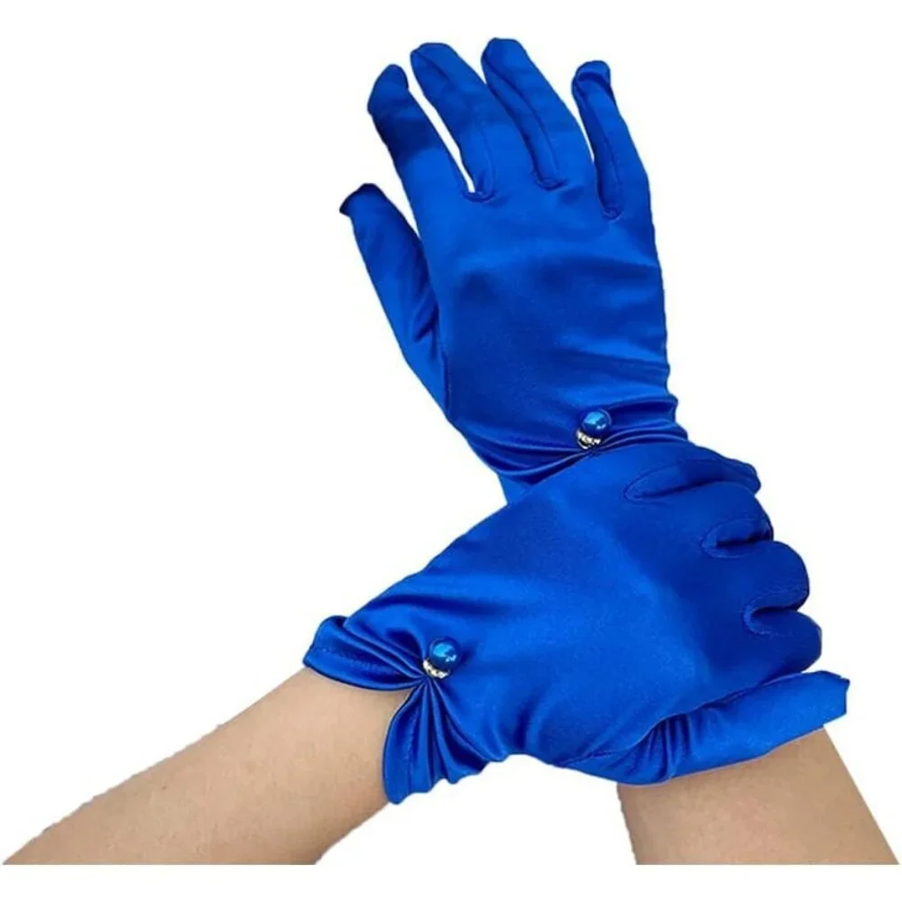 Women's Royal Blue Satin Pearl Wedding Dress Party Wrist Gloves Short Length